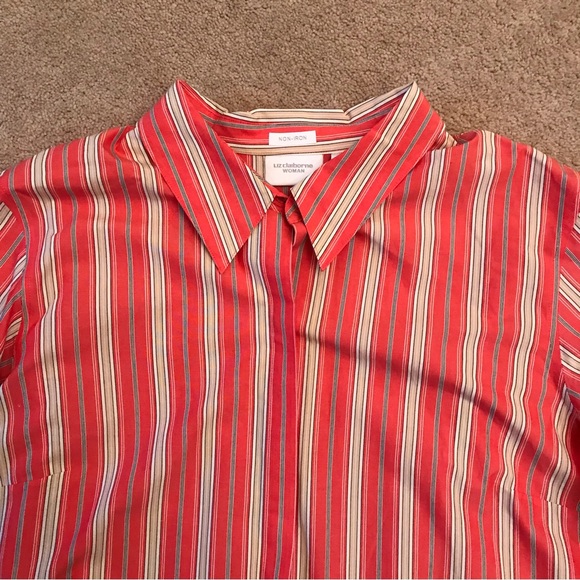 Liz Claiborne Striped Blouse Womens Size 20W Red Orange Tan Button Up Non Iron - Picture 2 of 7